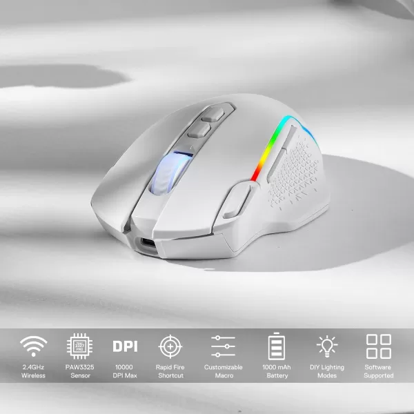 Redragon M991 Wireless Gaming Mouse 19000 DPI WiredWireless Gamer Mouse wRapid Fire Key 9 Macro Buttons 45Hour Power Capacity and RGB Backlight for PCMacLaptopWhite