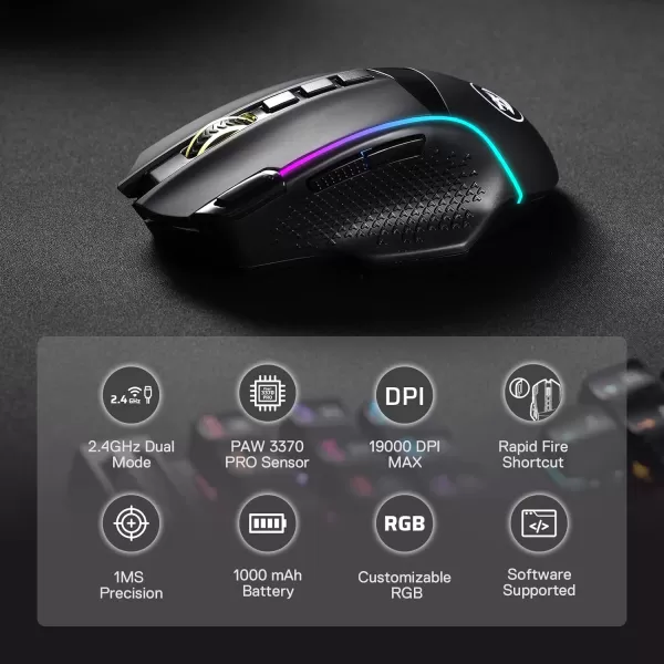 Redragon M991 Wireless Gaming Mouse 19000 DPI WiredWireless Gamer Mouse wRapid Fire Key 9 Macro Buttons 45Hour Power Capacity and RGB Backlight for PCMacLaptopBlack