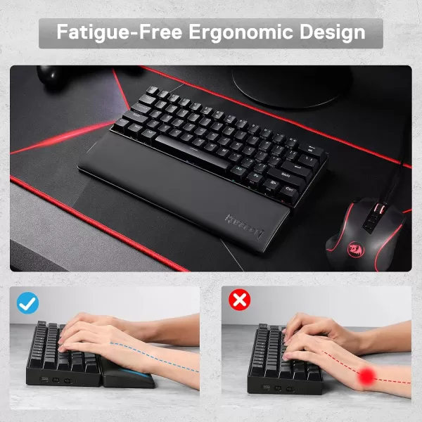 Redragon P035 Meteor S Computer Keyboard Wrist Rest Pad Ergonomic Soft Memory Foam Wrist Support wAntiSlip Rubber Base 60 61 Keys Compact Size 1138 x 287 in 078 inch 20mm Height Black60 Compact