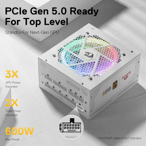 Redragon PSU006 80 Gold 750 Watt ATX Fully Modular Power Supply w 80 Plus Gold Certified Compact 160mm Size and Low Noise RGB Fan 0 RPM 100 Japanese Capacitors Full Mod Cables WhiteATX 30 Gold WT