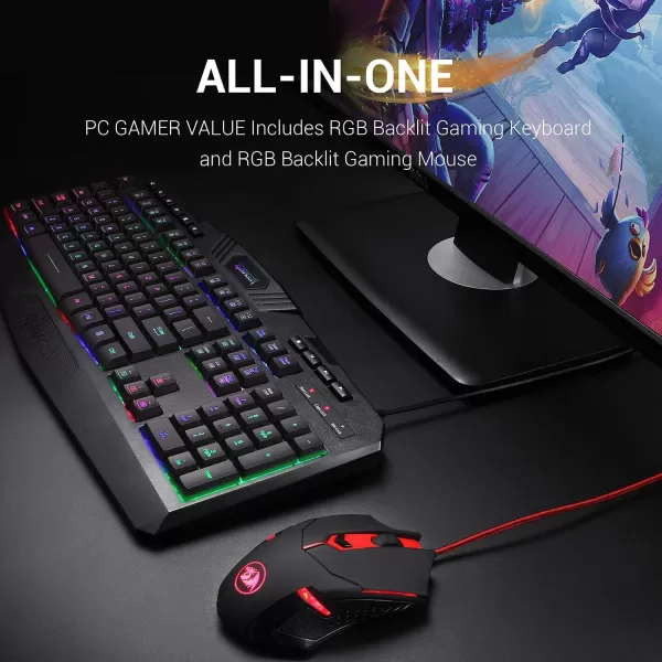 Redragon S101 Wired RGB Backlit Gaming Keyboard with Multimedia Keys Wrist Rest and Red Backlit Mouse Combo 3200 DPI for Windows PC Gamers WhiteBlack