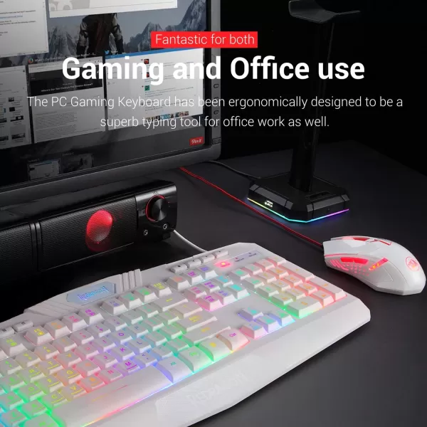 Redragon S101 Wired RGB Backlit Gaming Keyboard with Multimedia Keys Wrist Rest and Red Backlit Mouse Combo 3200 DPI for Windows PC Gamers WhiteWhite