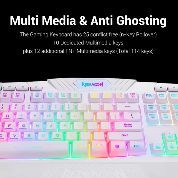 Redragon S101 Wired RGB Backlit Gaming Keyboard with Multimedia Keys Wrist Rest and Red Backlit Mouse Combo 3200 DPI for Windows PC Gamers WhiteWhite