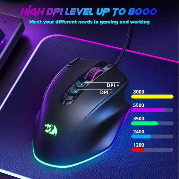 Redragon Wired Gaming Mouse RGB Backlit Ergonomic Gamer Mouse Up to 8000 DPI 11 Programmable Buttons ampamp 7 Backlit Modes Extra Sniper Button Mouse Gamer for Windows PC Gamers M614wired