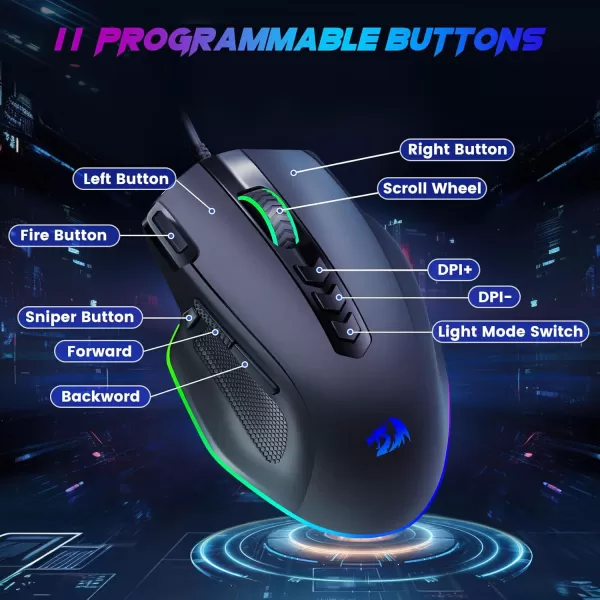 Redragon Wired Gaming Mouse RGB Backlit Ergonomic Gamer Mouse Up to 8000 DPI 11 Programmable Buttons ampamp 7 Backlit Modes Extra Sniper Button Mouse Gamer for Windows PC Gamers M614wired