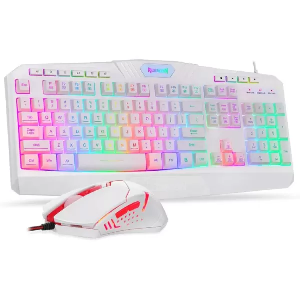 Redragon S101 Wired RGB Backlit Gaming Keyboard with Multimedia Keys Wrist Rest and Red Backlit Mouse Combo 3200 DPI for Windows PC Gamers WhiteWhite
