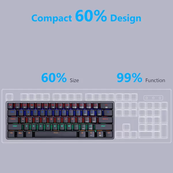 Redragon 60 Percent Mini Keyboard Mechanical Gaming Keyboard with Low Profile Blue Switches 18 LED Backlits Wired Compact Portable Keyboard for Windows PC Mac Typing Travel K616