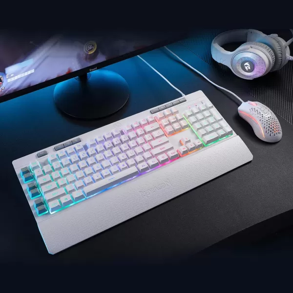 Redragon K512 Shiva RGB Backlit Membrane Gaming Keyboard with Multimedia Keys Linear MechanicalFeel Switch 6 Extra OnBoard Macro Keys Dedicated Media Control Detachable Wrist Rest WhiteWhite