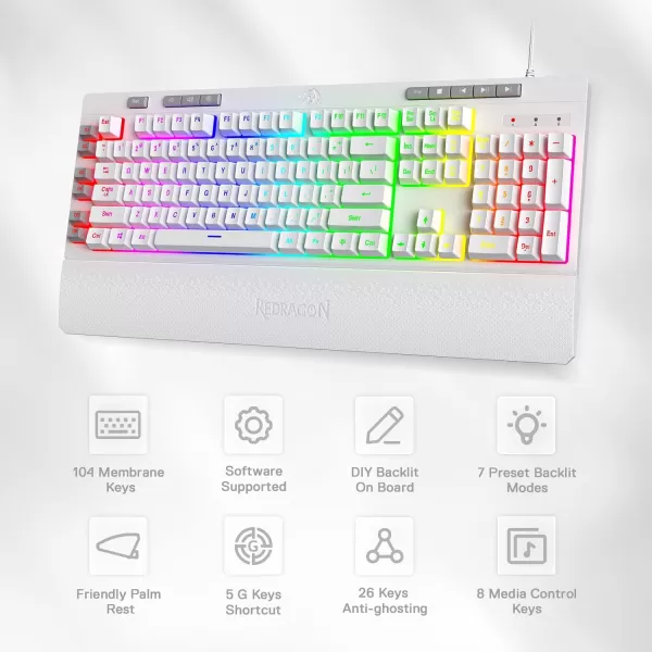 Redragon K512 Shiva RGB Backlit Membrane Gaming Keyboard with Multimedia Keys Linear MechanicalFeel Switch 6 Extra OnBoard Macro Keys Dedicated Media Control Detachable Wrist Rest WhiteWhite
