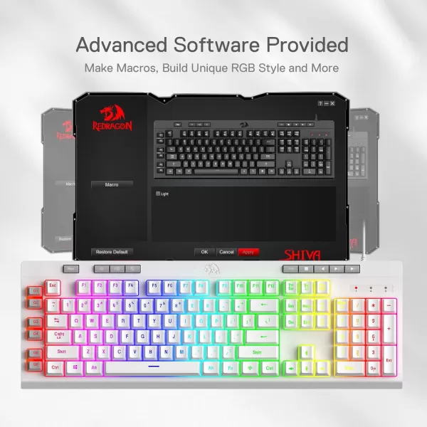 Redragon K512 Shiva RGB Backlit Membrane Gaming Keyboard with Multimedia Keys Linear MechanicalFeel Switch 6 Extra OnBoard Macro Keys Dedicated Media Control Detachable Wrist Rest WhiteWhite
