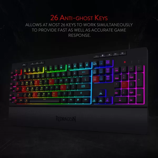 Redragon K512 Shiva RGB Backlit Membrane Gaming Keyboard with Multimedia Keys Linear MechanicalFeel Switch 6 Extra OnBoard Macro Keys Dedicated Media Control Detachable Wrist Rest WhiteBlack