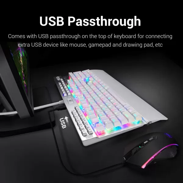 Redragon K550 Mechanical Gaming Keyboard RGB LED Backlit with Brown Switches Macro Recording Wrist Rest Volume Control Full Size Yama USB Passthrough for Windows PC Gamer White