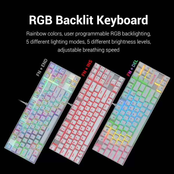 Redragon K552 Mechanical Gaming Keyboard RGB LED Backlit Wired with AntiDust Proof Switches for Windows PC White 87 Key Brown Switches