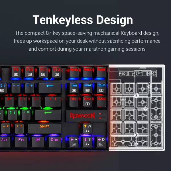 Redragon K552 Mechanical Gaming Keyboard Rainbow LED Backlit Wired with AntiDust Proof Switches for Windows PC Black 87 Keys Blue Switches