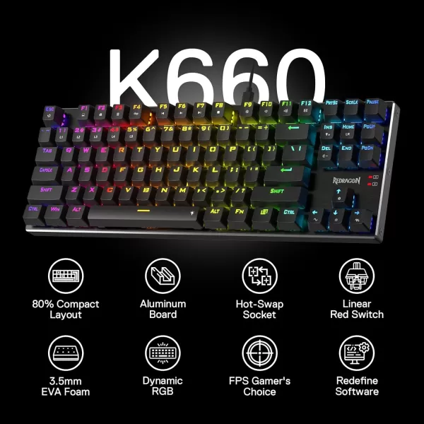 Redragon K556 RGB LED Backlit Wired Mechanical Gaming Keyboard 104 Keys HotSwap Mechanical Keyboard wAluminum Base Upgraded Socket and Noise Absorbing Foams Soft Tactile Brown SwitchRed Switch