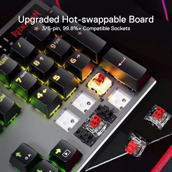Redragon K556 RGB LED Backlit Wired Mechanical Gaming Keyboard 104 Keys HotSwap Mechanical Keyboard wAluminum Base Upgraded Socket and Noise Absorbing Foams Soft Tactile Brown SwitchRed Switch