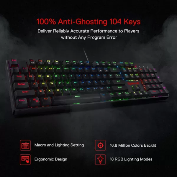 Redragon K582 SURARA RGB LED Backlit Mechanical Gaming Keyboard with 104 KeysLinear and QuietRed SwitchesRed Switch