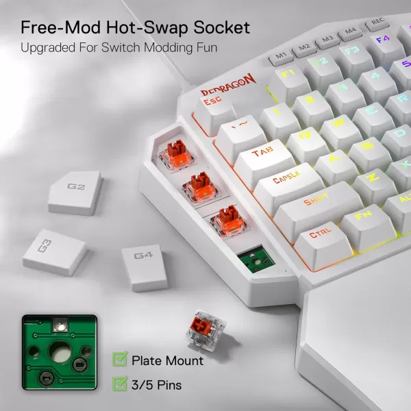 Redragon K585 DITI OneHanded RGB Mechanical Gaming Keyboard 42 Keys TypeC Professional Gaming Keypad wUpgraded HotSwappable Socket 7 Onboard Macro Keys ampamp Detachable Wrist RestWhite