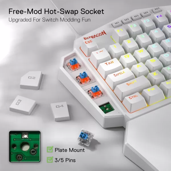 Redragon K585 DITI OneHanded RGB Mechanical Gaming Keyboard 42 Keys TypeC Professional Gaming Keypad wUpgraded HotSwappable Socket 7 Onboard Macro Keys ampamp Detachable Wrist RestWhite
