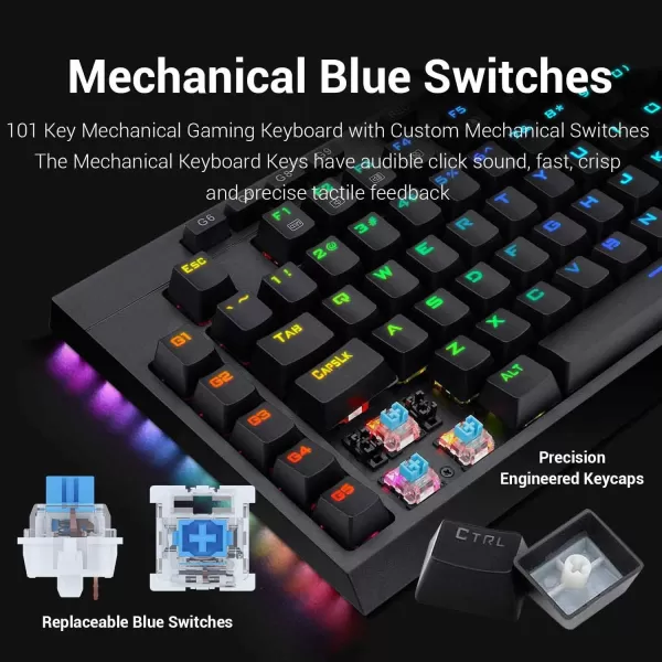 Redragon K588 RGB Backlit Mechanical Gaming Keyboard with Programmable Keys Macro Recording Blue Switches Compact Tenkeyless Design with Detachable Palm Rest ampamp USBC USB for Windows PC