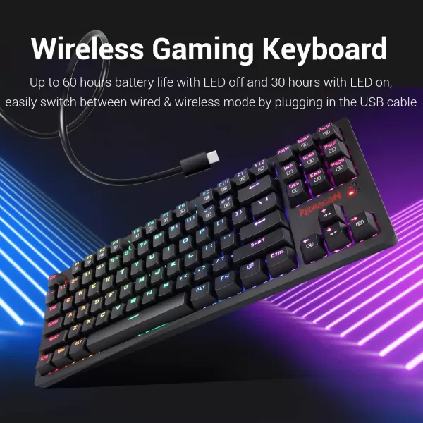 Redragon K598 TKL Wireless Mechanical Keyboard Brown Switches Compact 87 Key Tenkeyless RGB LED Backlit Gaming Keyboard for Windows PC Gamers