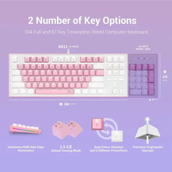 Redragon K611 Dual Color Keys Mechanical Gaming Keyboard Single White LED  RGB Side Edge Backlit 87 Key Tenkeyless Wired Computer Keyboard with Blue Switches for Windows PC Pink  White