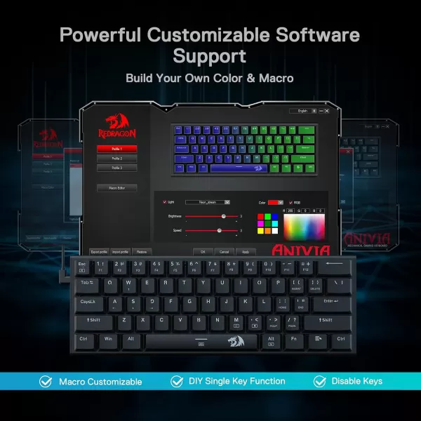 Redragon K614 Anivia 60 Ultra Thin Wired Mechanical Keyboard Slim Compact 61 Keys RGB Gaming Keyboard wLow Profile Linear Red Switches and DoubleShot Keycaps for Fast ampamp Accurate Actuation