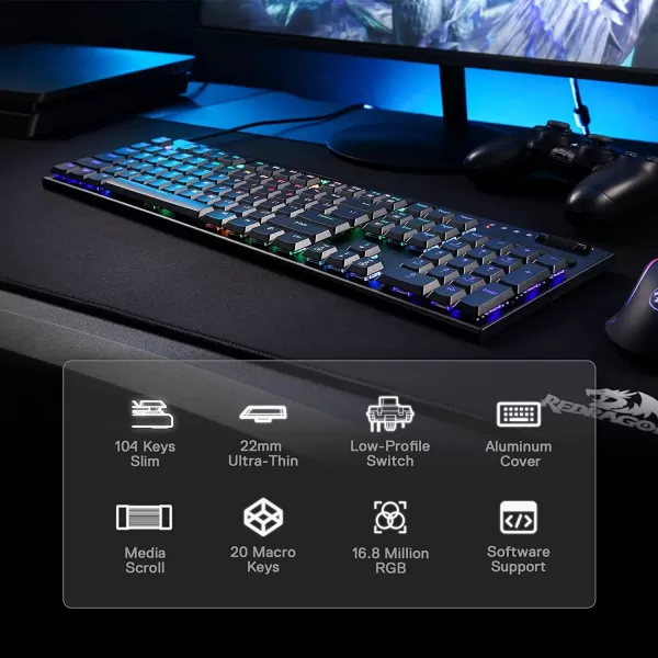 Redragon K618 PRO 3Mode Wireless RGB Mechanical Keyboard BT24GhzWired Low Profile WinMac Gaming Keyboard wUltraThin Design Dedicated Media Control ampamp Linear Red SwitchBlue Switch