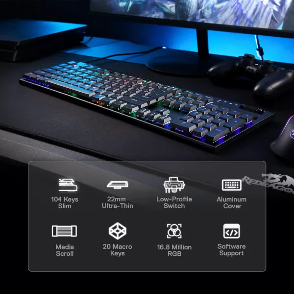 Redragon K618 PRO 3Mode Wireless RGB Mechanical Keyboard BT24GhzWired Low Profile WinMac Gaming Keyboard wUltraThin Design Dedicated Media Control ampamp Linear Red SwitchRed Switch
