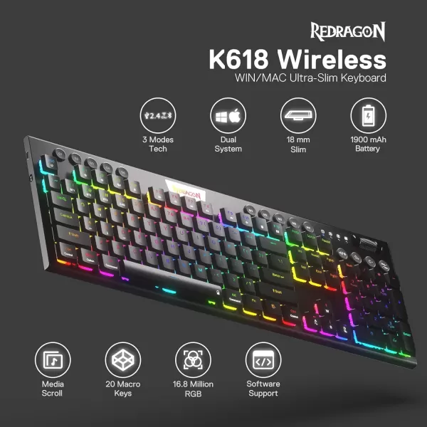 Redragon K618 PRO 3Mode Wireless RGB Mechanical Keyboard BT24GhzWired Low Profile WinMac Gaming Keyboard wUltraThin Design Dedicated Media Control ampamp Linear Red SwitchBlue Switch