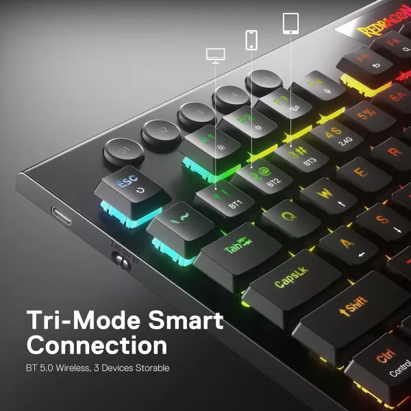Redragon K618 PRO 3Mode Wireless RGB Mechanical Keyboard BT24GhzWired Low Profile WinMac Gaming Keyboard wUltraThin Design Dedicated Media Control ampamp Linear Red SwitchBlue Switch