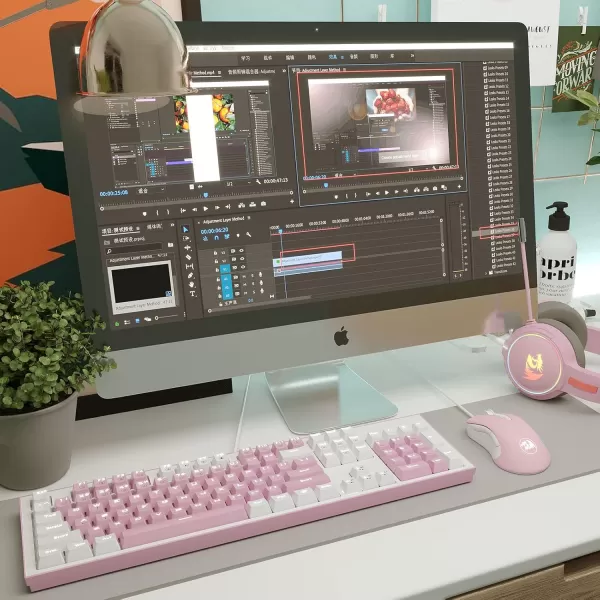 Redragon K623 Dual Color Keys Mechanical Gaming Keyboard Single White LED  RGB Side Edge Backlit 104 Key Wired Computer Keyboard with Blue Switches for Windows PC Pink  White