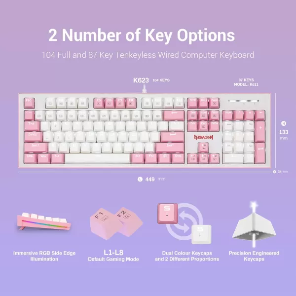Redragon K623 Dual Color Keys Mechanical Gaming Keyboard Single White LED  RGB Side Edge Backlit 104 Key Wired Computer Keyboard with Blue Switches for Windows PC Pink  White
