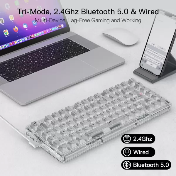 Redragon K649 78 Wired Gasket RGB Gaming Keyboard 82 Keys Layout HotSwap Compact Mechanical Keyboard wHotSwappable Socket Sound Absorbing Foam Quiet Custom Linear SwitchWhite Transparent