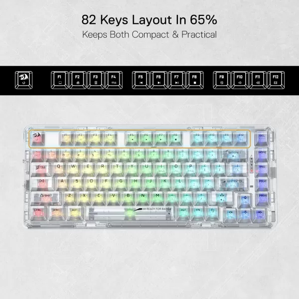 Redragon K649 78 Wired Gasket RGB Gaming Keyboard 82 Keys Layout HotSwap Compact Mechanical Keyboard wHotSwappable Socket Sound Absorbing Foam Quiet Custom Linear SwitchWhite Transparent