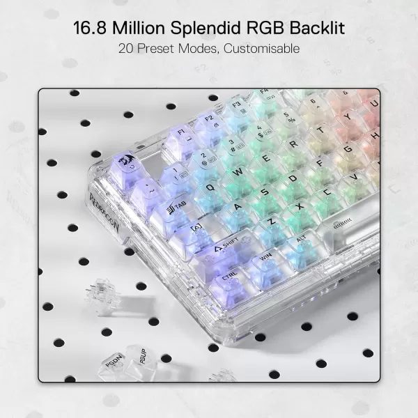 Redragon K649 78 Wired Gasket RGB Gaming Keyboard 82 Keys Layout HotSwap Compact Mechanical Keyboard wHotSwappable Socket Sound Absorbing Foam Quiet Custom Linear SwitchWhite Transparent