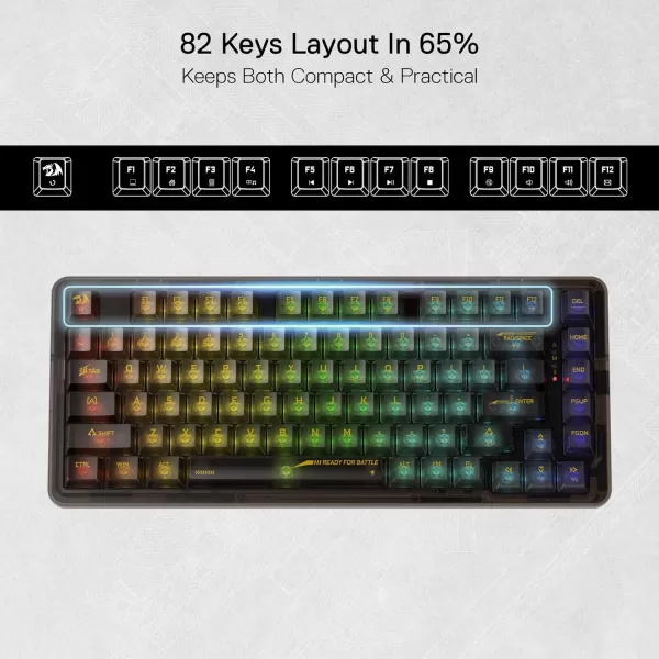 Redragon K649 78 Wired Gasket RGB Gaming Keyboard 82 Keys Layout HotSwap Compact Mechanical Keyboard wHotSwappable Socket Sound Absorbing Foam Quiet Custom Linear SwitchBlack Transparent