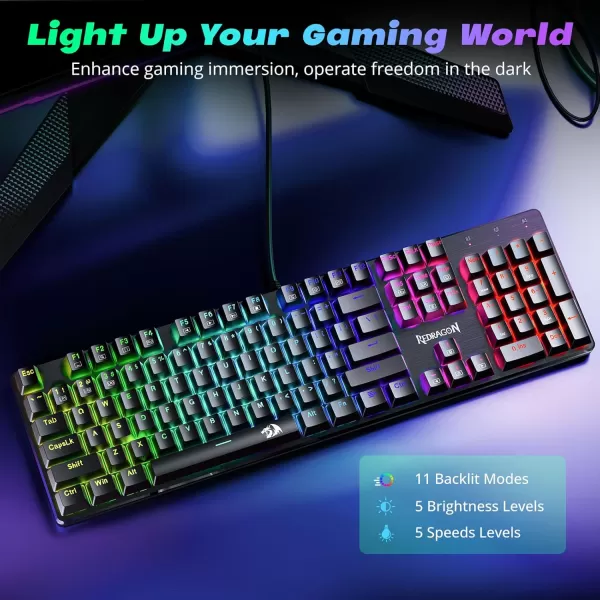 Redragon Mechanical Gaming Keyboard Wired Mechanical Keyboard with 11 Programmable Backlit Modes HotSwappable Red Switch AntiGhosting DoubleShot PBT Keycaps Light Up Keyboard for PC MacRGB LED