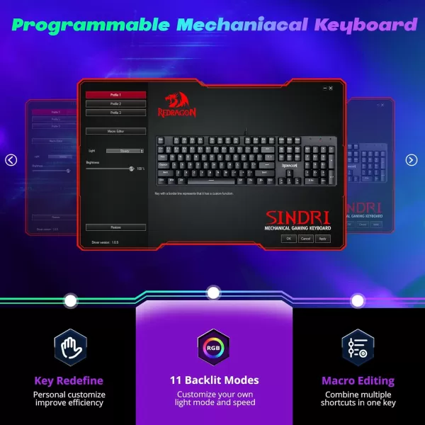 Redragon Mechanical Gaming Keyboard Wired Mechanical Keyboard with 11 Programmable Backlit Modes HotSwappable Red Switch AntiGhosting DoubleShot PBT Keycaps Light Up Keyboard for PC MacRGB LED
