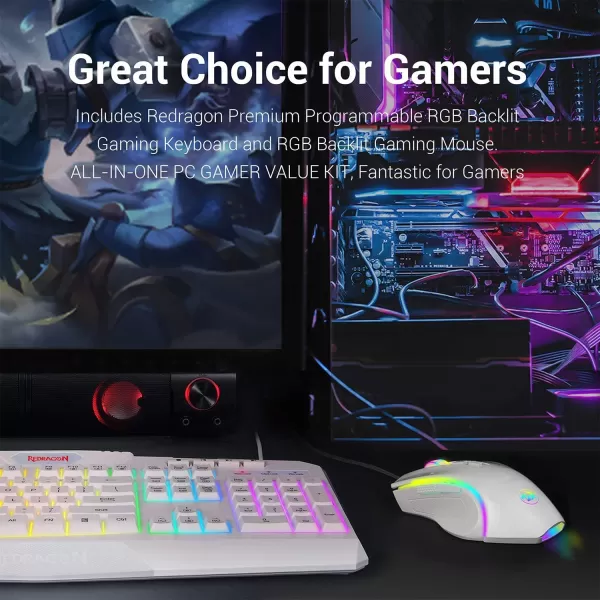 Redragon S101 Wired Gaming Keyboard and Mouse Combo RGB Backlit 104 Keys Ergonomic Keyboard with Macro Multimedia Keys Wrist Rest and 8 Buttons Backlit Gaming Mouse for Windows PC White Version