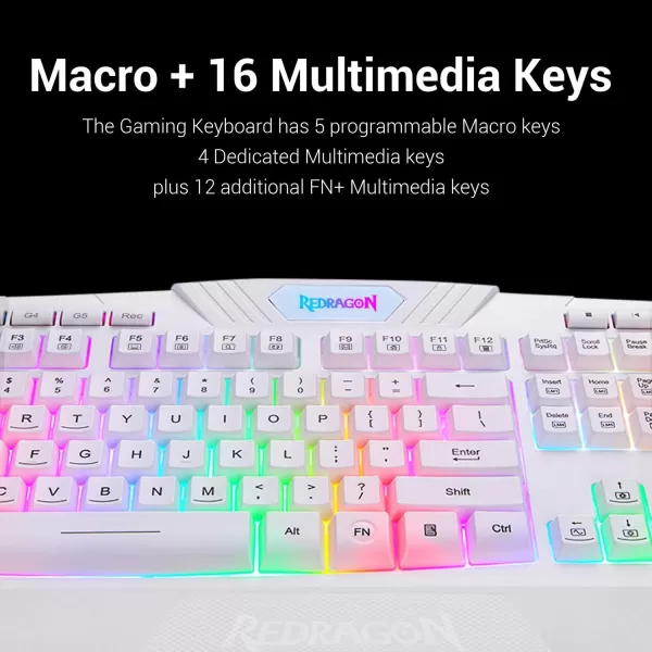 Redragon S101 Wired Gaming Keyboard and Mouse Combo RGB Backlit 104 Keys Ergonomic Keyboard with Macro Multimedia Keys Wrist Rest and 8 Buttons Backlit Gaming Mouse for Windows PC White Version
