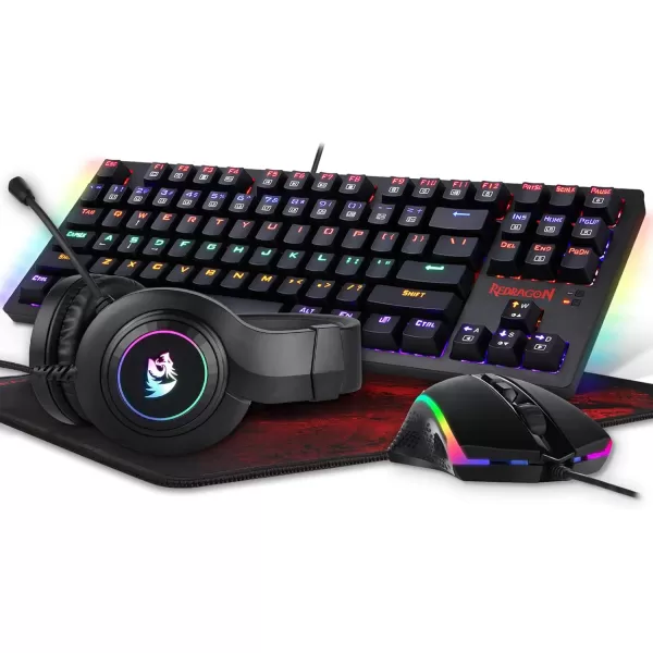 Redragon S113 Wired RGB Backlit Mechanical Gaming Keyboard and Mouse Combo with Mouse Pad Gaming Headset PC Gamer Bundle for Windows PC Black
