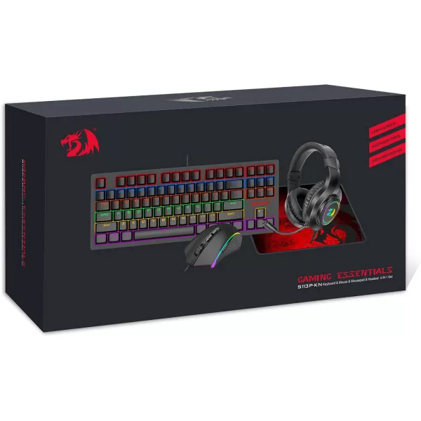 Redragon S113 Wired RGB Backlit Mechanical Gaming Keyboard and Mouse Combo with Mouse Pad Gaming Headset PC Gamer Bundle for Windows PC Black