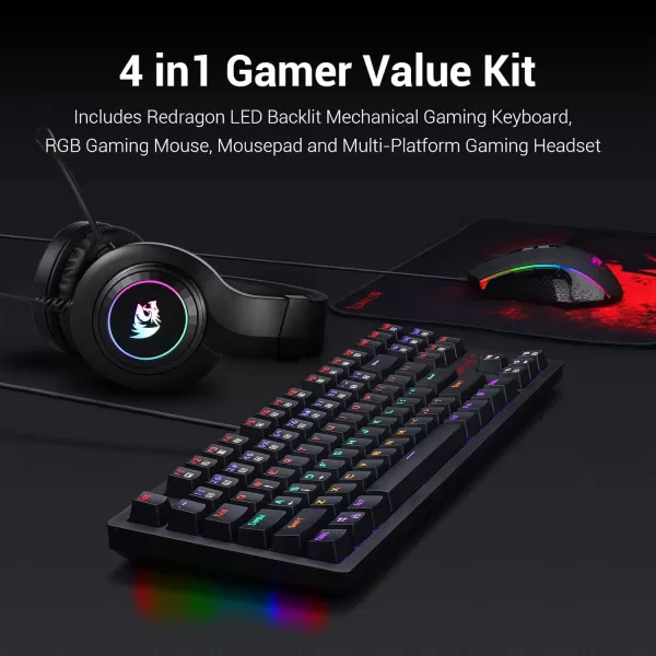 Redragon S113 Wired RGB Backlit Mechanical Gaming Keyboard and Mouse Combo with Mouse Pad Gaming Headset PC Gamer Bundle for Windows PC Black