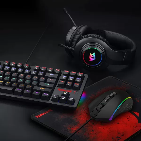 Redragon S113 Wired RGB Backlit Mechanical Gaming Keyboard and Mouse Combo with Mouse Pad Gaming Headset PC Gamer Bundle for Windows PC Black