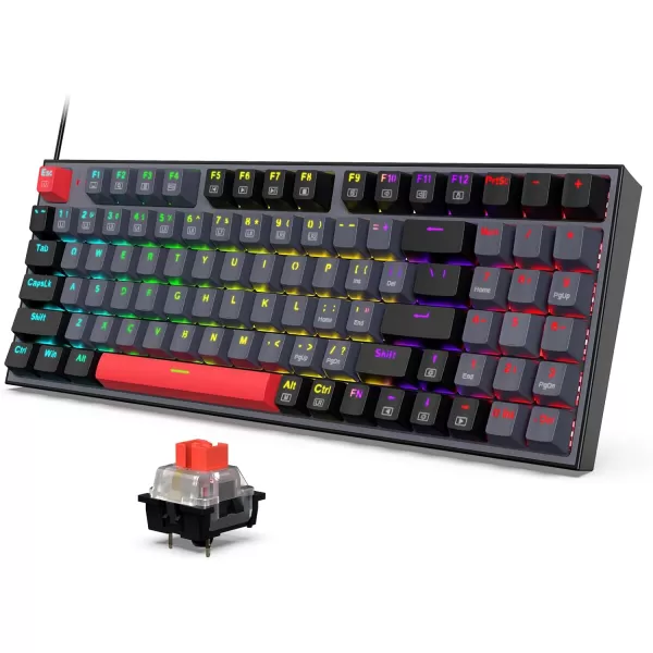 Redragon Wired Mechanical Gaming Keyboard with RGB Backlit 94 Keys Programmable Macro Editing Numeric Pad Red Switches Compact Keyboard Mechanical for Pc Mac Ipad K636CLOGrayBlackRed