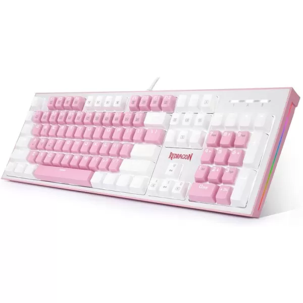 Redragon K623 Dual Color Keys Mechanical Gaming Keyboard Single White LED  RGB Side Edge Backlit 104 Key Wired Computer Keyboard with Blue Switches for Windows PC Pink  White