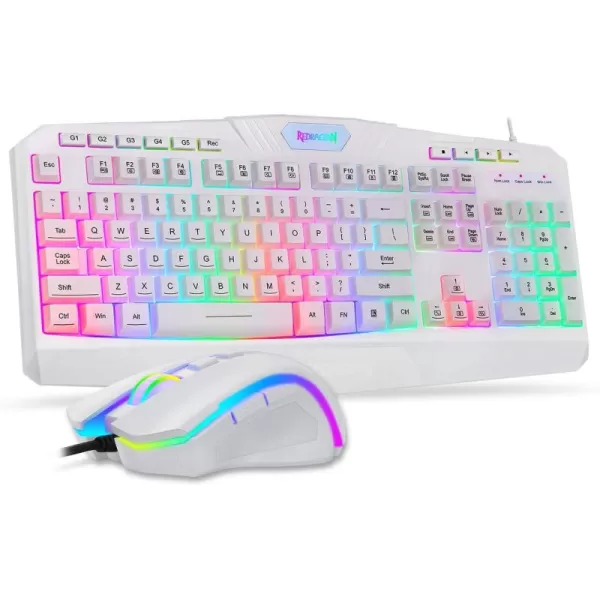 Redragon S101 Wired Gaming Keyboard and Mouse Combo RGB Backlit 104 Keys Ergonomic Keyboard with Macro Multimedia Keys Wrist Rest and 8 Buttons Backlit Gaming Mouse for Windows PC White Version
