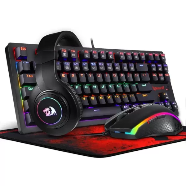 Redragon S113 Wired RGB Backlit Mechanical Gaming Keyboard and Mouse Combo with Mouse Pad Gaming Headset PC Gamer Bundle for Windows PC Black