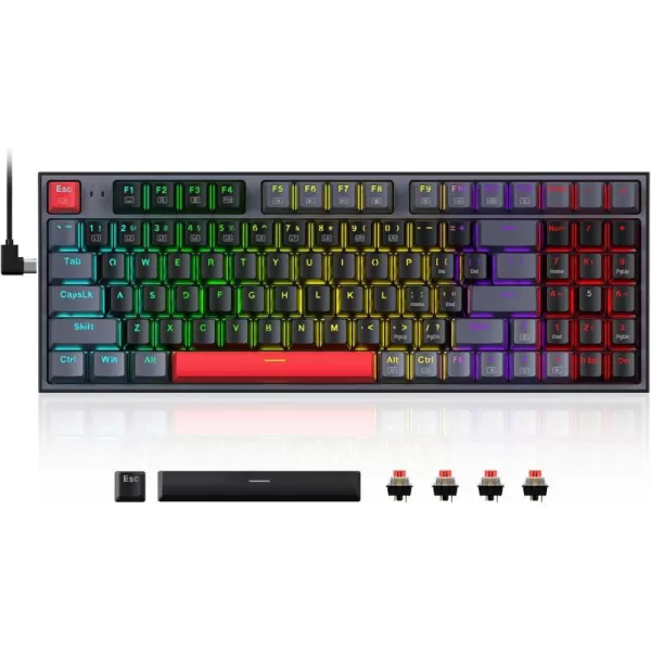 Redragon Wired Mechanical Gaming Keyboard with RGB Backlit 94 Keys Programmable Macro Editing Numeric Pad Red Switches Compact Keyboard Mechanical for Pc Mac Ipad K636CLOBlackGrayRed